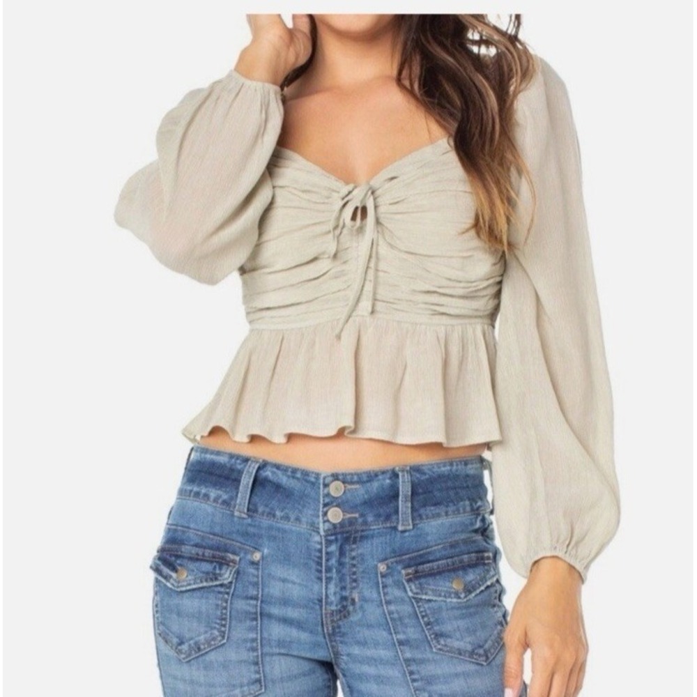 Celebrity‎ Pink Crinkle Woven Long Sleeve Tie-Front Top Neutral Size S Milkmaid
